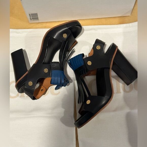 Chloe Black Leather Fringes Block Heel Sandals Size 38 - Picture 1 of 13